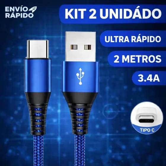 Kit 2 Cabo Tipo C Carregador Usb Ultra Rápido Reforçado Nylon 2 Metros