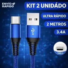 Kit 2 Cabo Tipo C Carregador Usb Ultra Rápido Reforçado Nylon 2 Metros