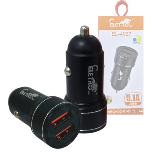 Carregador Veicular 12v com 02 Portas USB 5.1A Eletromex EL-4027