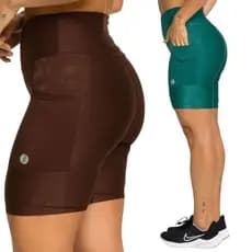Kit 2 Bermudas Flora Com Bolsos Laterais Cintura Alta Feminina Moda Fitness Shorts Corrida Academia