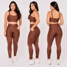 Conjunto Top e Calça Fitness Tecido Canelado Com Bolso Lateral Moda Fitness Feminina