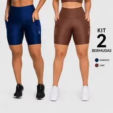 Kit 2 Bermudas Fitness Feminina Cintura Alta Com Bolsos Alta Compressão Academia Suplex