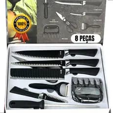 Kit Facas Profissional 8 Peças Cozinha Churrasco Chef Cutelo Amolador Garra Tesoura Premium