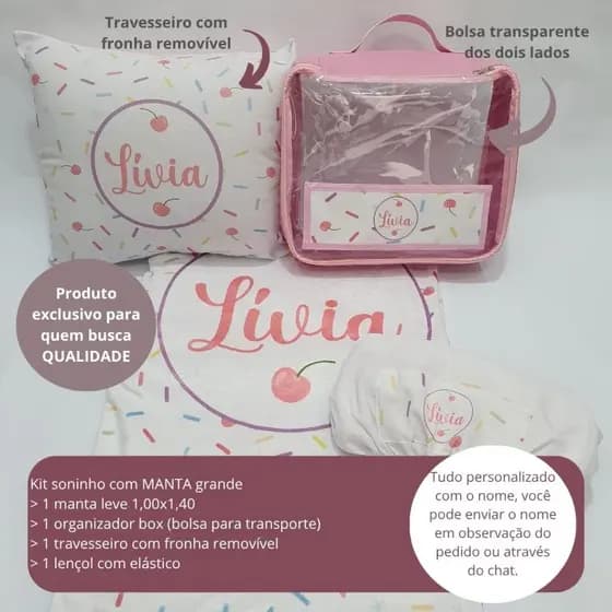 Kit soninho personalizado com nome para creche / kit soneca com manta grande para escola