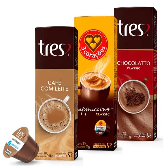 3 Caixas Cápsulas Três Corações Café com Leite, Cappuccino Classic e Chocolatto