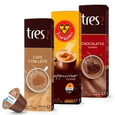 3 Caixas Cápsulas Três Corações Café com Leite, Cappuccino Classic e Chocolatto
