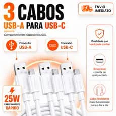KIT 3 Cabos USB-C Tipo C Carregamento Rápido Turbo Android Smartphones Tablets 1m AGOLD