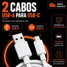KIT 2 Cabos USB-C Tipo C Carregamento Rápido Turbo Android Smartphones Tablets 1m