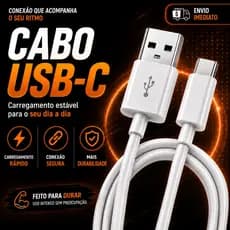 CABO USB-C CARREGADOR TIPO C RÁPIDO 1M REFORÇADO COMPATÍVEL COM ANDROID