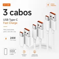 KIT 3 Cabos USB-C Tipo C Carregamento Rápido Turbo Android Smartphones Tablets 1m