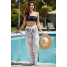 Pantalona saída de praia em tule listrado feminina