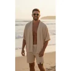Conjunto algodão praia kimono e shorts fashion