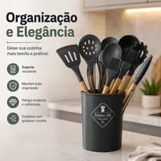 Kit 12 Utensílios de Cozinha Silicone Cabo de Bambu Antiaderente Resistente ao Calor