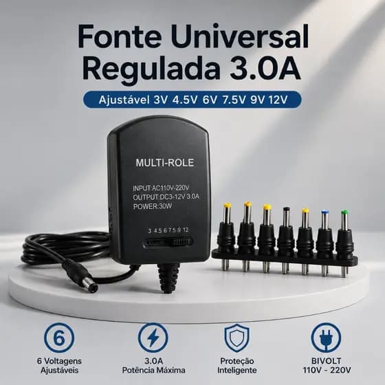 Fonte Universal Regulada 3.0A Bivolt Ajustável 3V 4.5V 6V 7.5V 9V 12V Com 6 Conectores Adaptador DC