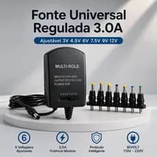 Fonte Universal Regulada 3.0A Bivolt Ajustável 3V 4.5V 6V 7.5V 9V 12V Com 6 Conectores Adaptador DC