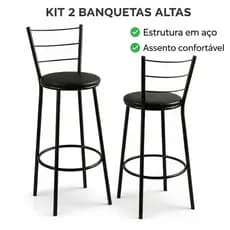 Kit 2 Banquetas Altas Industrial com Encosto Banco Alto Bancada Cozinha Bar Aço Resistente