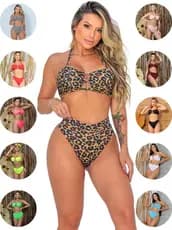 Biquini Feminino Animal Print Biquíni Hot Pants Suplex De Amarrar Biquine Cintura Alta Bikini Praia