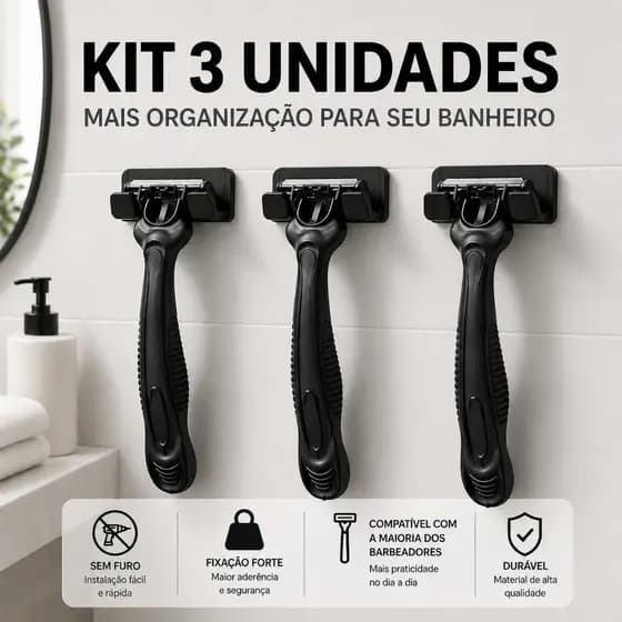 Kit 3 Suporte Para Barbeador 3M Sem Furo Parede Adesivo Forte Banheiro Organizado Moderno