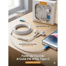 @'Gold FN-A75L Fone Tipo-C Intra Auricular Estéreo Celular Controle Volume Com Microfone Embutido