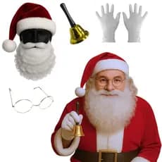 Kit Fantasia Completa Acessórios Papai Noel Barba Falsa Longa Óculos Sino Luva Branca Gorro Veludo
