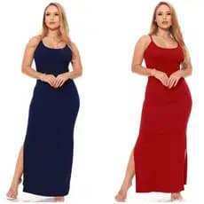 Vestido Longo Alcinha Canelado Fenda Lateral Casual
