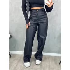 Calça de Couro Fake Feminina Cintura Alta Preta Pantalona Retrô Moda Gringa Blogueira Balada Sintético Wide leg
