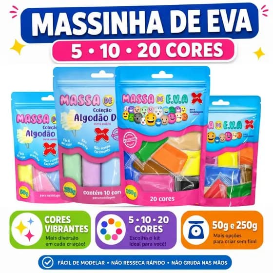 Massinha de Eva Modelagem Infantil Artesanato Escolar Massa Algodão Doce Colorido Cor Pastel Make+