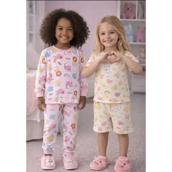KIT PIJAMA INFANTIL 4 PEÇAS CONJUNTO LONGO E CURTO CONFORTÁVEL 1 A 12 ANOS
