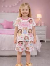 Pijama Infantil Menina Dormir Verão Malha Fria (PV) Nome Personalizado Gratis Para sua Menina Afd