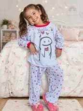 2 Peças Pijama Infantil Feminino Inverno Personalizado Gratis Camisa Manga Menina Calça Punho Afd