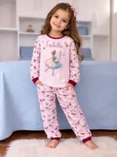 Pijama Longo Infantil Feminino Manga Longa Inverno Coloque o Nome da Menina Personalizada Gratis Afd