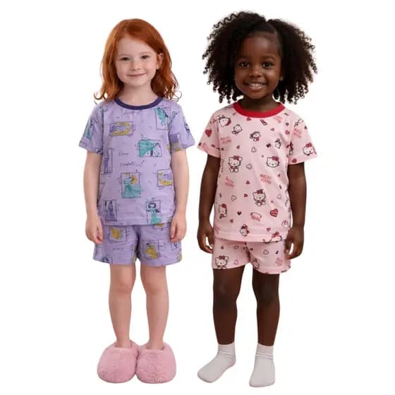 kit Sortido 4 Peças Pijama Infantil Menino / Menina 2 Camisetas 2 Bermudas Estampas Infantis Afd