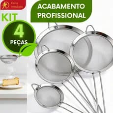 Kit 4 Peneiras Inox Malha Fina 8/10/12/16cm Durável Higiênico Fácil Limpar Cozinha Confeitaria Chá Suco Drinks