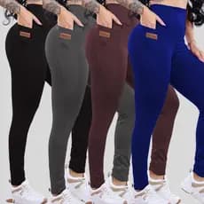 kit 4 Calça Legging Feminina Fitness Academia Cós Alto Bolso} Empina Bumbum slim Fit Zero Transparência Fler  Poliamida