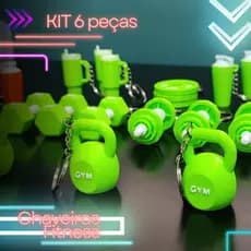Kit Chaveiros Fitness – 6 Unidades | Kettlebell, Anilha, Peso, Barra, Squeeze e Garrafa Térmica ST