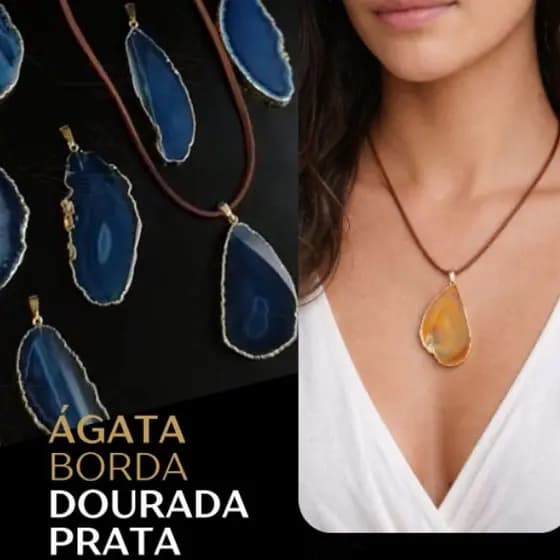 Pingente Ágata Borda Dourada e Prateada Pedra Natural