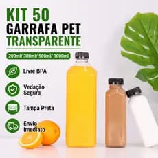 Kit 50 un Garrafa Transparente Tampa Preta 200ml 300ml 500ml 1L