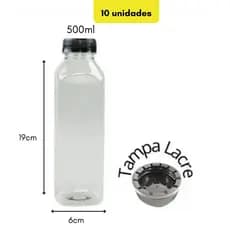 Kit 10 und Garrafa PET Premium 500ml Transparente Tampa Preta Suco Detox