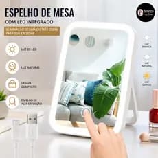 Espelho de Mesa Com Led Integrado Luz Quente Natural Maquiagem 2h de Duração USB Dobrável