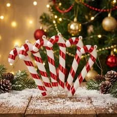 KIT 6 ENFEITES NATALINO BENGALA 7CM VERMELHO E BRANCO PENDENTE PARA ÁRVORE DE NATAL