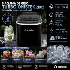MÁQUINA DE GELO TURBO ONISTEK ZB02 – 12 KG/DIA | 1,3 L | GELO EM ATÉ 6 MINUTOS | 110v PRETO CUBOS