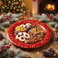 BANDEJA NATALINA VERMELHA E DOURADA 37X37CM PLÁSTICO RESISTENTE DECORAÇÃO DE NATAL SERVIR CEIA COMIDA