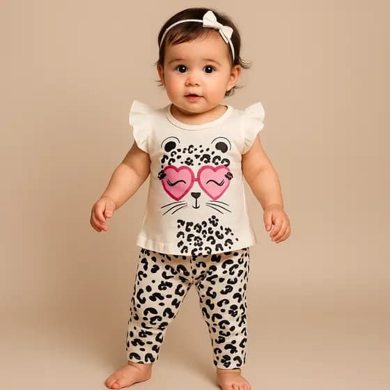 Conjunto Bebe Menina Gatinha Fashion Banho de Sol Passeio Short Saia Verão Animal Print 3 a 6 M