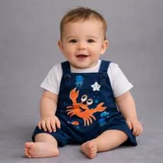 Macacão Jardineira Com Camiseta Verão Romper Bebe Menino Caranguejo Fundo do Mar Passeio 3 a 6 Meses