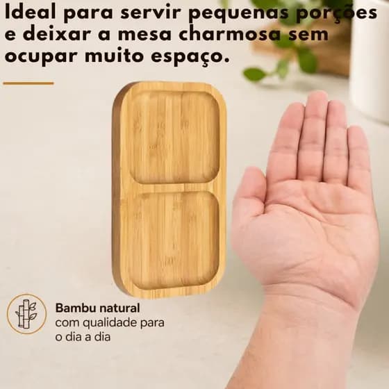 Petisqueira Retangular Com 3 Divisórias 25cm Em Bambu Modelo Premium Para Queijos Frios Entradas