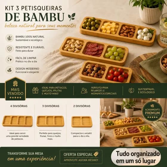 Conjunto De 3 Petisqueiras Travessa De Bambu 20/26/28cm Natural Luxo Mesa Posta Gamela Premium