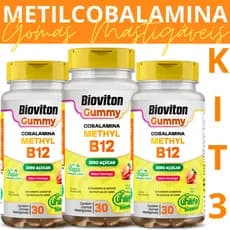 3 Vitamina B12 Methyl 30 Gomas Mastigáveis Metilcobalamina Gummy Sabor Morango Zero Açúcar Unilife