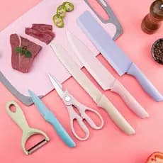 Kit de Conjunto Facas Coloridas Tesoura Descascador Cozinha Gourmet 6 Peças Envio Imediato