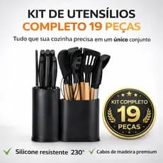 Conjunto Utensílios de Cozinha Silicone 19 Peças Cabo Madeira Antiaderente Kit Completo com Facas e Suporte
