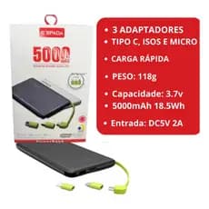 Power Bank Espada 5000mAh Carregador Portátil USB Universal Compacto Preto